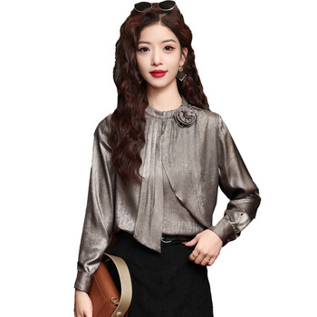 Пролетна мода 2024 г. Нова дамска риза със стояща яка OL Професионални топове Копринена сатенена блуза с дълги ръкави