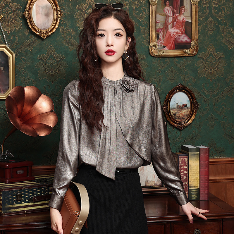 2024. gada pavasara modes jauns sieviešu krekls, stāva apkakle, profesionālie topi, zīda satīna blūze ar garām piedurknēm