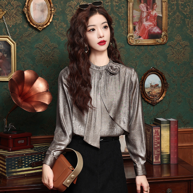 2024. gada pavasara modes jauns sieviešu krekls, stāva apkakle, profesionālie topi, zīda satīna blūze ar garām piedurknēm