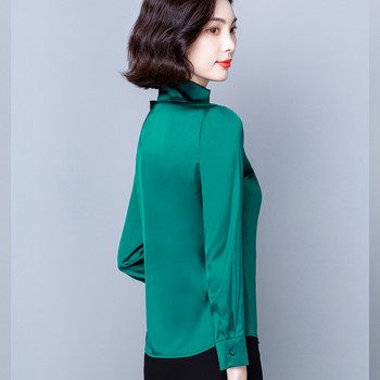 2023 Модна офис дама Елегантна младежка блуза за жени Сатенени ризи Едноцветен дълъг ръкав с панделка и яка със стойка Стилна копринена горна част 10461