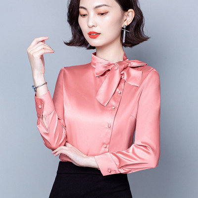 2023 Fashion Office Lady Eleganta jauniešu blūze sievietēm Satīna krekli Masīvi ar garām piedurknēm Bow Stand Apkakle Stilīgs Zīda Tops 10461