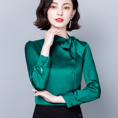 2023 Fashion Office Lady Eleganta jauniešu blūze sievietēm Satīna krekli Masīvi ar garām piedurknēm Bow Stand Apkakle Stilīgs Zīda Tops 10461