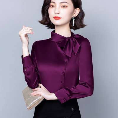 2023 Fashion Office Lady Eleganta jauniešu blūze sievietēm Satīna krekli Masīvi ar garām piedurknēm Bow Stand Apkakle Stilīgs Zīda Tops 10461