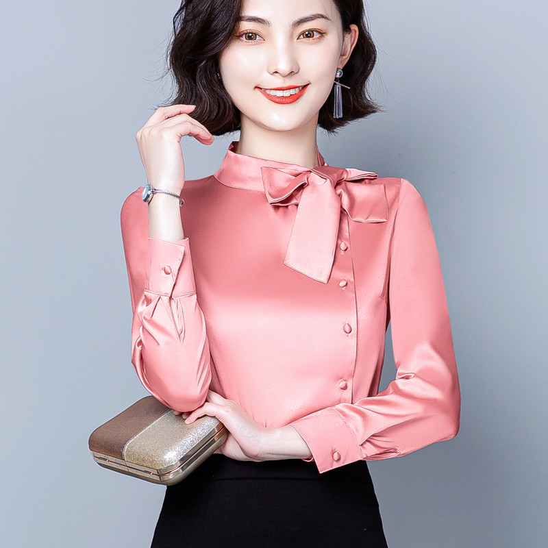 2023 Fashion Office Lady Eleganta jauniešu blūze sievietēm Satīna krekli Masīvi ar garām piedurknēm Bow Stand Apkakle Stilīgs Zīda Tops 10461