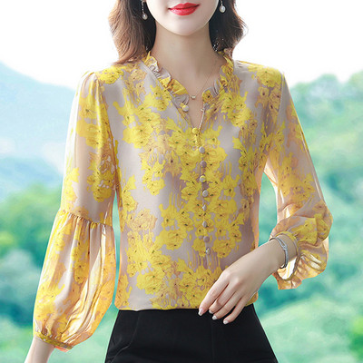 Sügis 2023 vabaaja lilledega trükitud topid Latern varrukas siidist šifoonist pluus särk Mood V kaelus Naiste riided