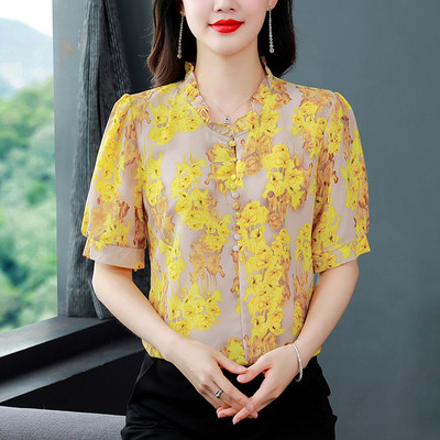 Sügis 2023 vabaaja lilledega trükitud topid Latern varrukas siidist šifoonist pluus särk Mood V kaelus Naiste riided