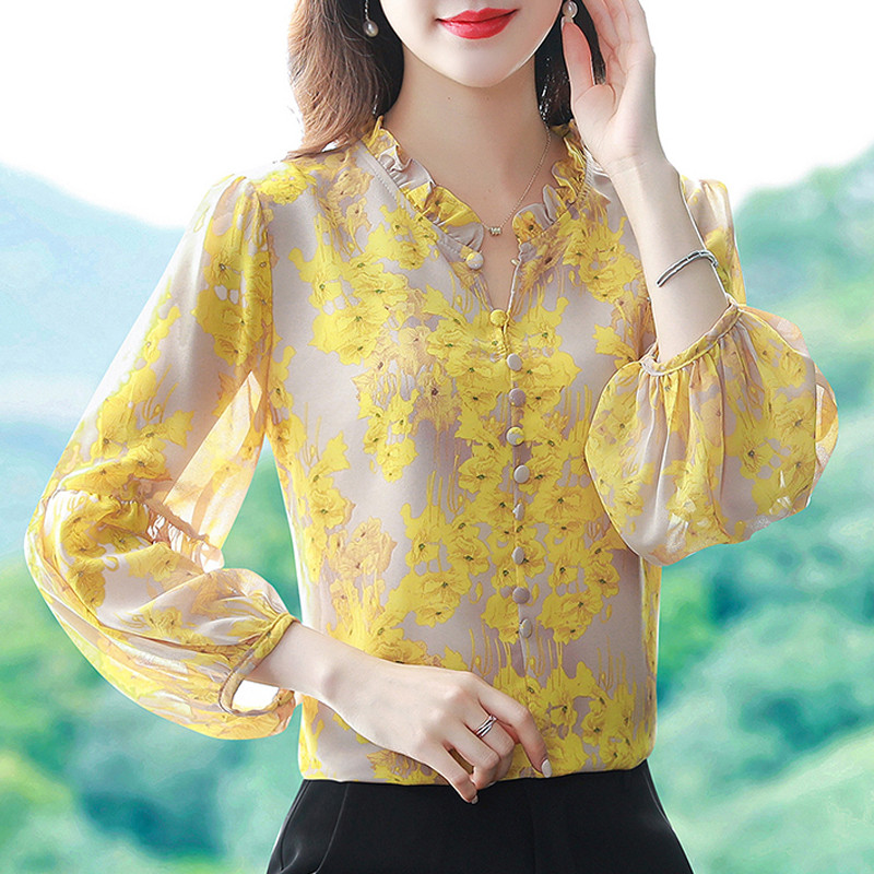 Sügis 2023 vabaaja lilledega trükitud topid Latern varrukas siidist šifoonist pluus särk Mood V kaelus Naiste riided