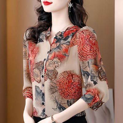 Sieviete pavasara vasara stila šifona blūzes krekli Sieviešu ikdienišķa apkakle ar puspiedurknēm apdrukāta blūza topi DF4819