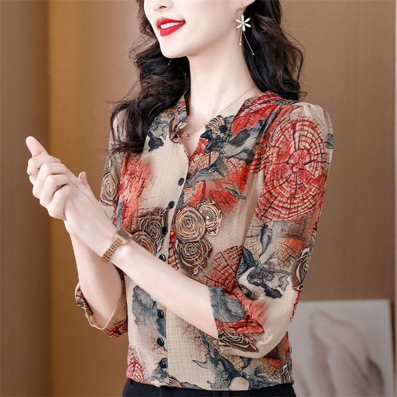 Sieviete pavasara vasara stila šifona blūzes krekli Sieviešu ikdienišķa apkakle ar puspiedurknēm apdrukāta blūza topi DF4819
