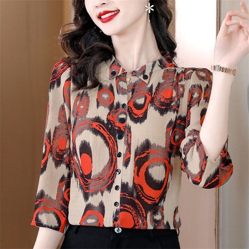 Sieviete pavasara vasara stila šifona blūzes krekli Sieviešu ikdienišķa apkakle ar puspiedurknēm apdrukāta blūza topi DF4819