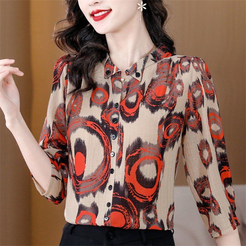 Sieviete pavasara vasara stila šifona blūzes krekli Sieviešu ikdienišķa apkakle ar puspiedurknēm apdrukāta blūza topi DF4819