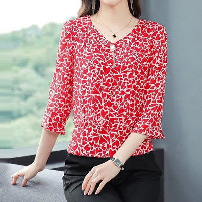 Eleganta modes ziedu apdruka Šifona krekls, 2023. gada vasara, jauns V veida kakla izgriezums ar pusi tauriņa piedurknēm, šaura blūze ar džemperi, sieviešu apģērbs