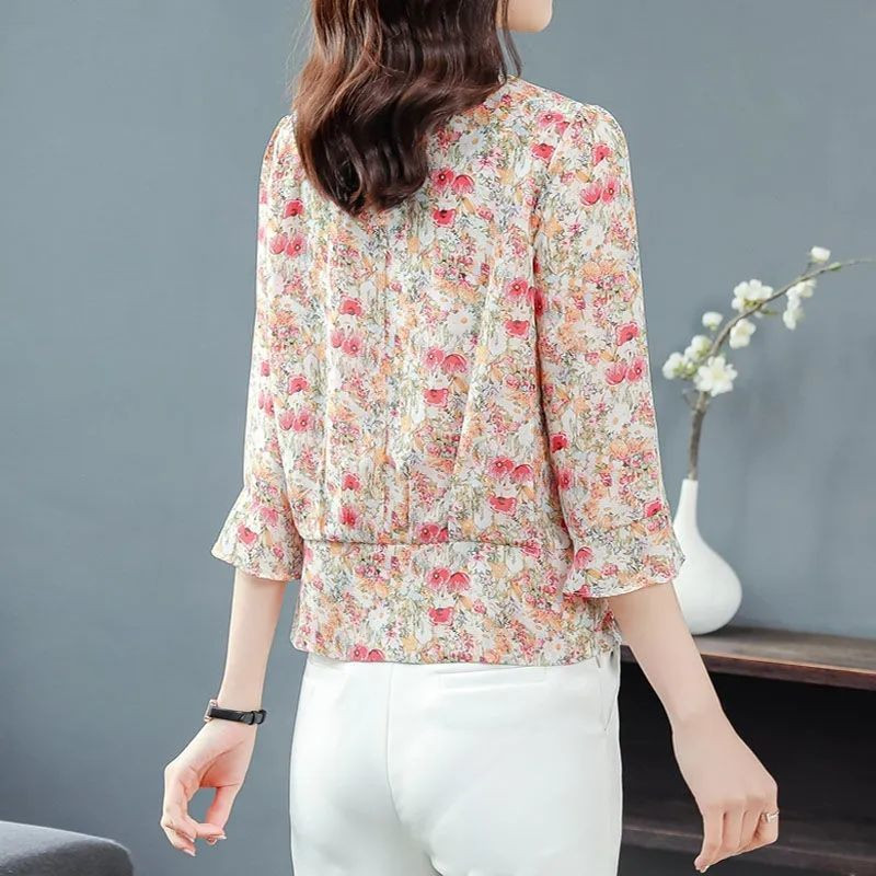 Eleganta modes ziedu apdruka Šifona krekls, 2023. gada vasara, jauns V veida kakla izgriezums ar pusi tauriņa piedurknēm, šaura blūze ar džemperi, sieviešu apģērbs