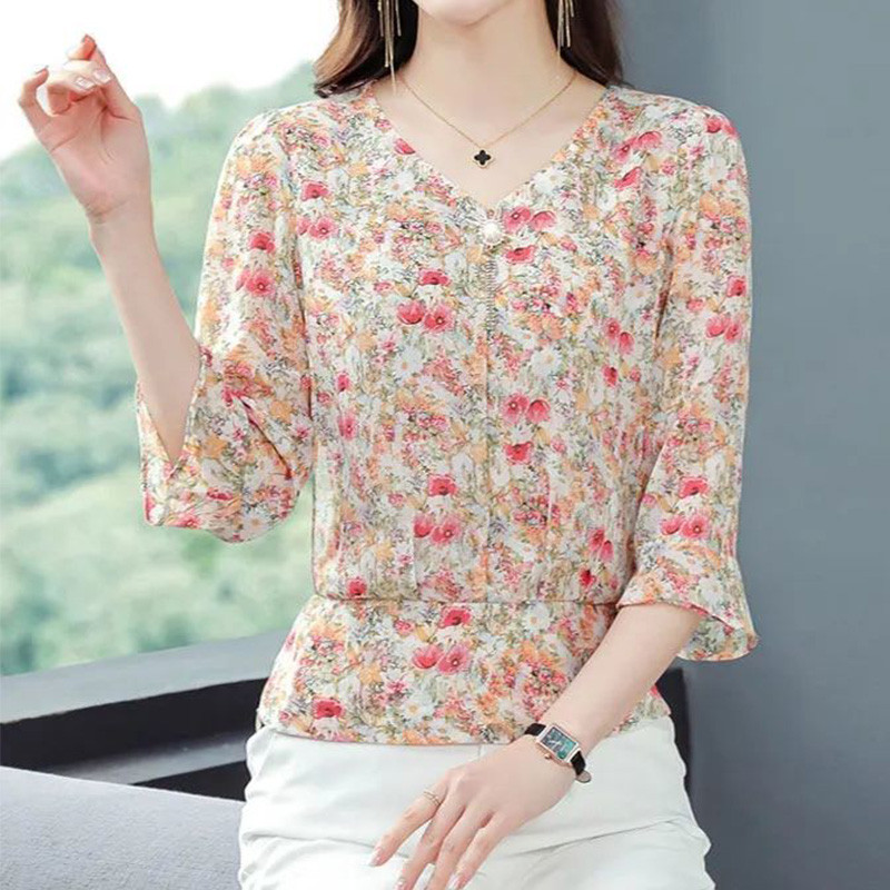 Eleganta modes ziedu apdruka Šifona krekls, 2023. gada vasara, jauns V veida kakla izgriezums ar pusi tauriņa piedurknēm, šaura blūze ar džemperi, sieviešu apģērbs