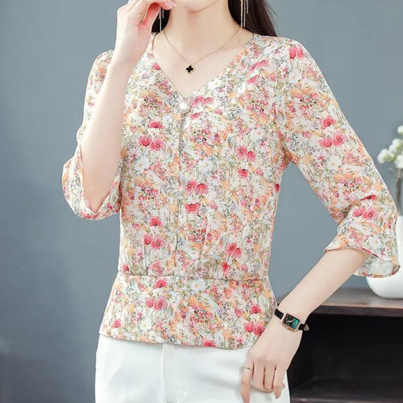 Eleganta modes ziedu apdruka Šifona krekls, 2023. gada vasara, jauns V veida kakla izgriezums ar pusi tauriņa piedurknēm, šaura blūze ar džemperi, sieviešu apģērbs