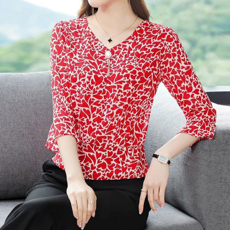Eleganta modes ziedu apdruka Šifona krekls, 2023. gada vasara, jauns V veida kakla izgriezums ar pusi tauriņa piedurknēm, šaura blūze ar džemperi, sieviešu apģērbs
