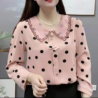 Cămașă subțire cu buline Nouă primăvară și vară Fluture Guler păpușă Mâneci în nouă puncte Bluză largi L pentru femeie 5XL Top