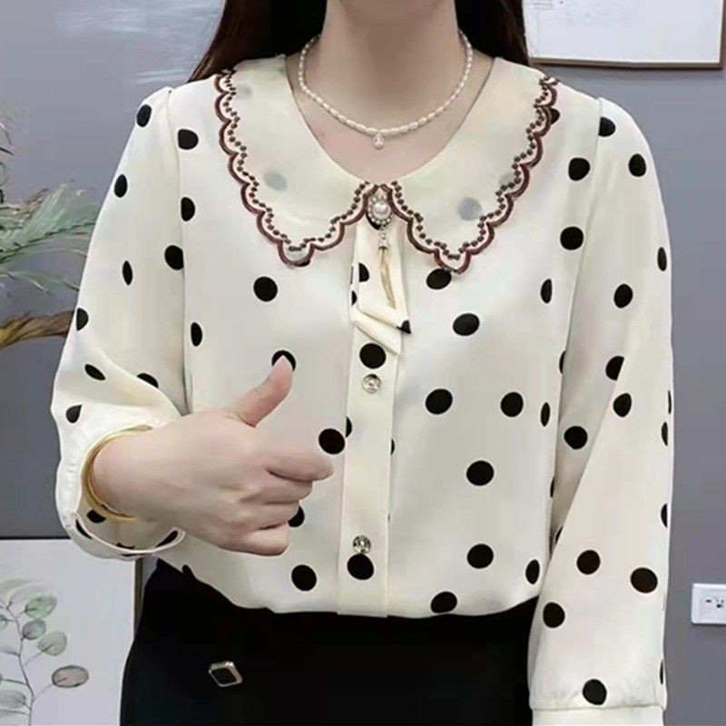 Cămașă subțire cu buline Nouă primăvară și vară Fluture Guler păpușă Mâneci în nouă puncte Bluză largi L pentru femeie 5XL Top