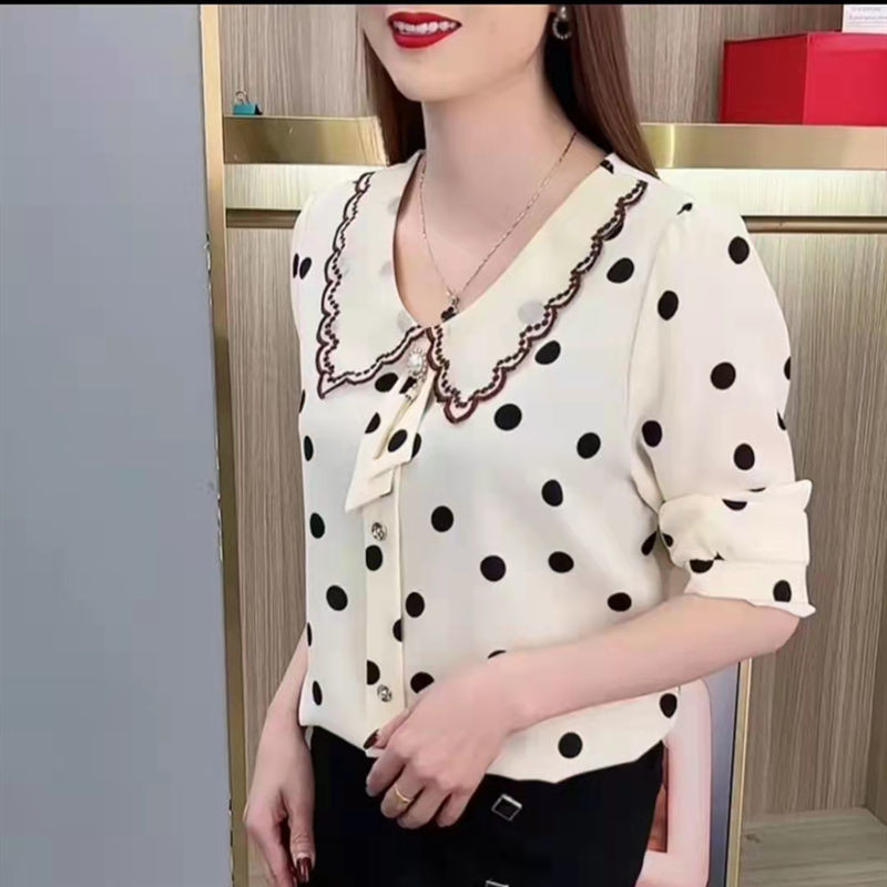 Cămașă subțire cu buline Nouă primăvară și vară Fluture Guler păpușă Mâneci în nouă puncte Bluză largi L pentru femeie 5XL Top