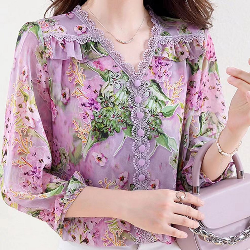 Bluze din șifon cu mâneci 3/4, cu un singur piept, cămăși pentru femei, cu flori Toamna 2023, la modă nouă, dantelă, mozaic, decolteu în V