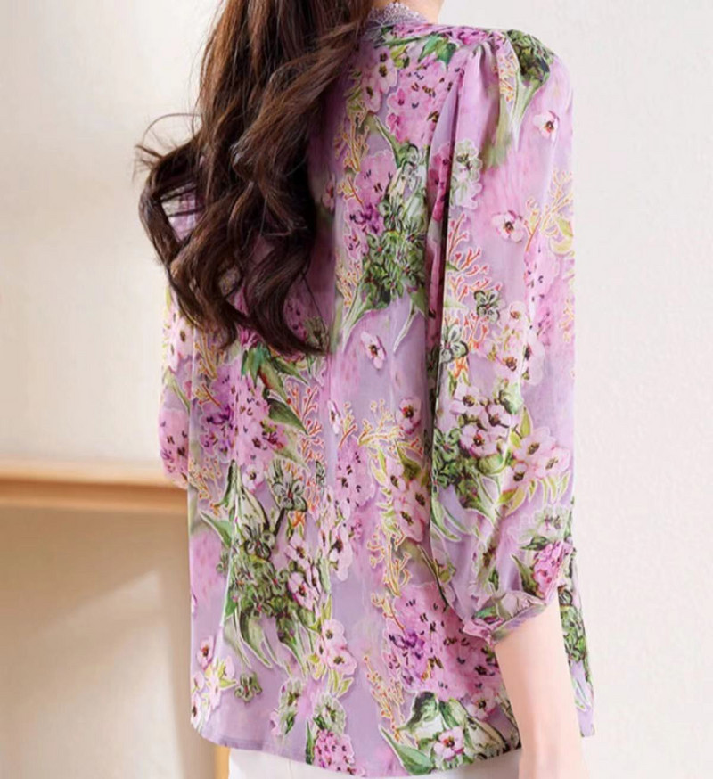 Bluze din șifon cu mâneci 3/4, cu un singur piept, cămăși pentru femei, cu flori Toamna 2023, la modă nouă, dantelă, mozaic, decolteu în V