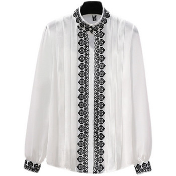 Винтидж едноредна шифонена блуза Есен Пролет Нови елегантни бродирани горнища с яка и ръкав с фенер Дамска риза