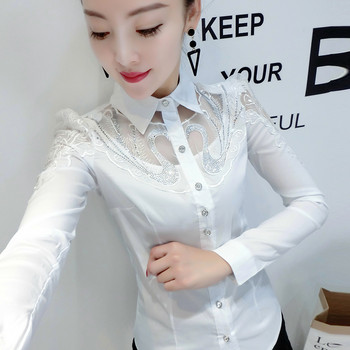 Елегантна дамска дантелена блуза с дълги ръкави Нова модна памучна риза с шевове Тънка едноредна риза с горещо пробиване OL Топове