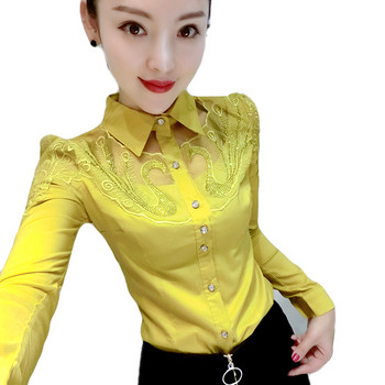 Елегантна дамска дантелена блуза с дълги ръкави Нова модна памучна риза с шевове Тънка едноредна риза с горещо пробиване OL Топове