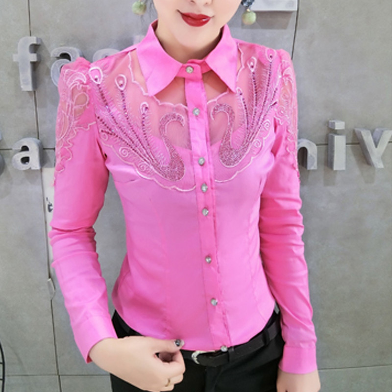 Eleganta sieviešu mežģīņu blūze ar garām piedurknēm Jauna modes šuvums Kokvilnas krekls Slaids Vienrindas Karstās urbšanas OL Topi