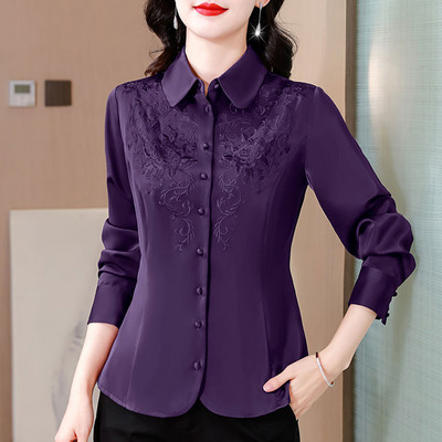 2024. aasta kevade elegantne mood kontori naiste topid, üherealised naiste tikitud pluus, pikkade varrukatega särk