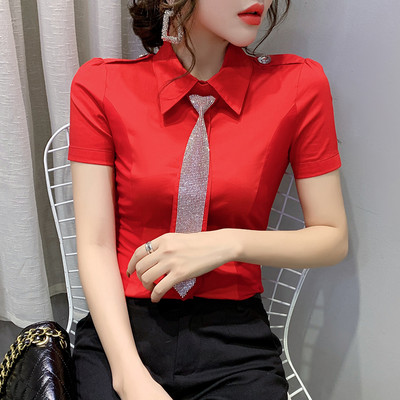 Nyári európai ruhák blúz divat OL válllap Szexi fényes gyémántok nyakkendőgombbal Kardigán felső ing 2022 T15006A