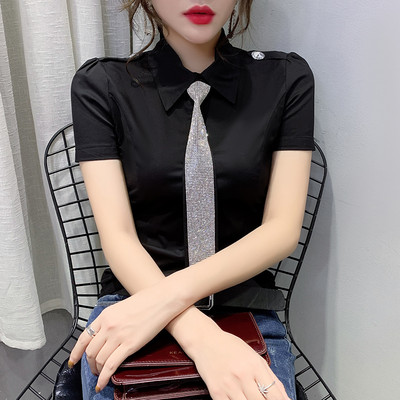 Nyári európai ruhák blúz divat OL válllap Szexi fényes gyémántok nyakkendőgombbal Kardigán felső ing 2022 T15006A