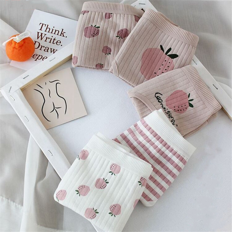 Hingavad armsad armsad maasikas tüdrukute püksid keskmise vöökohaga naiste puuvillased aluspesu naiste aluspüksid