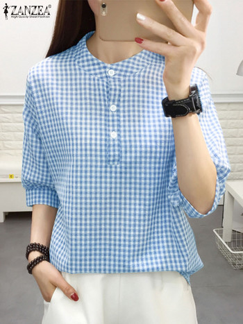 ZANZEA Корейски модни карирани ризи Дамски ежедневни карирани блузи с яка с половин ръкав 2024 г. Летни ежедневни туники с копчета