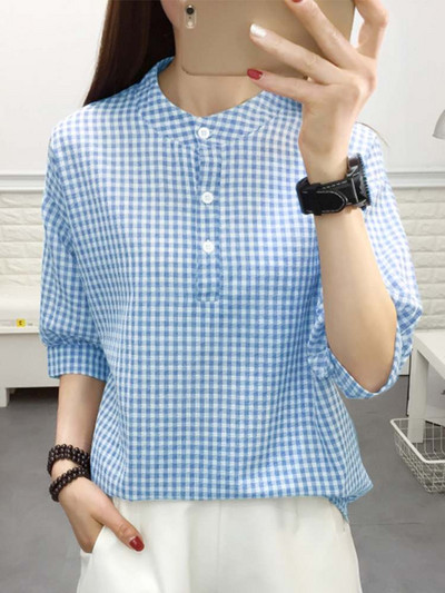 ZANZEA Korea moodsad ruudulised särgid, naiste vabaaja krae, poolvarrukatega ruudulised pluusid, 2024. aasta suvine igapäevane nööbitav tuunika top