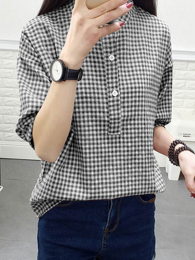 ZANZEA Korea moodsad ruudulised särgid, naiste vabaaja krae, poolvarrukatega ruudulised pluusid, 2024. aasta suvine igapäevane nööbitav tuunika top