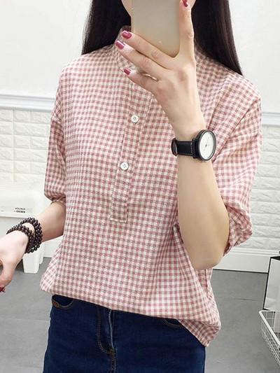 ZANZEA Korea moodsad ruudulised särgid, naiste vabaaja krae, poolvarrukatega ruudulised pluusid, 2024. aasta suvine igapäevane nööbitav tuunika top