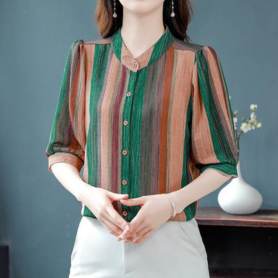 Avarate lühikeste varrukatega triibuline top särk ja pluusid O-kaelusega peened elegantsed pluusid naistele riided vabaaja pluusid Lady Trend 2024