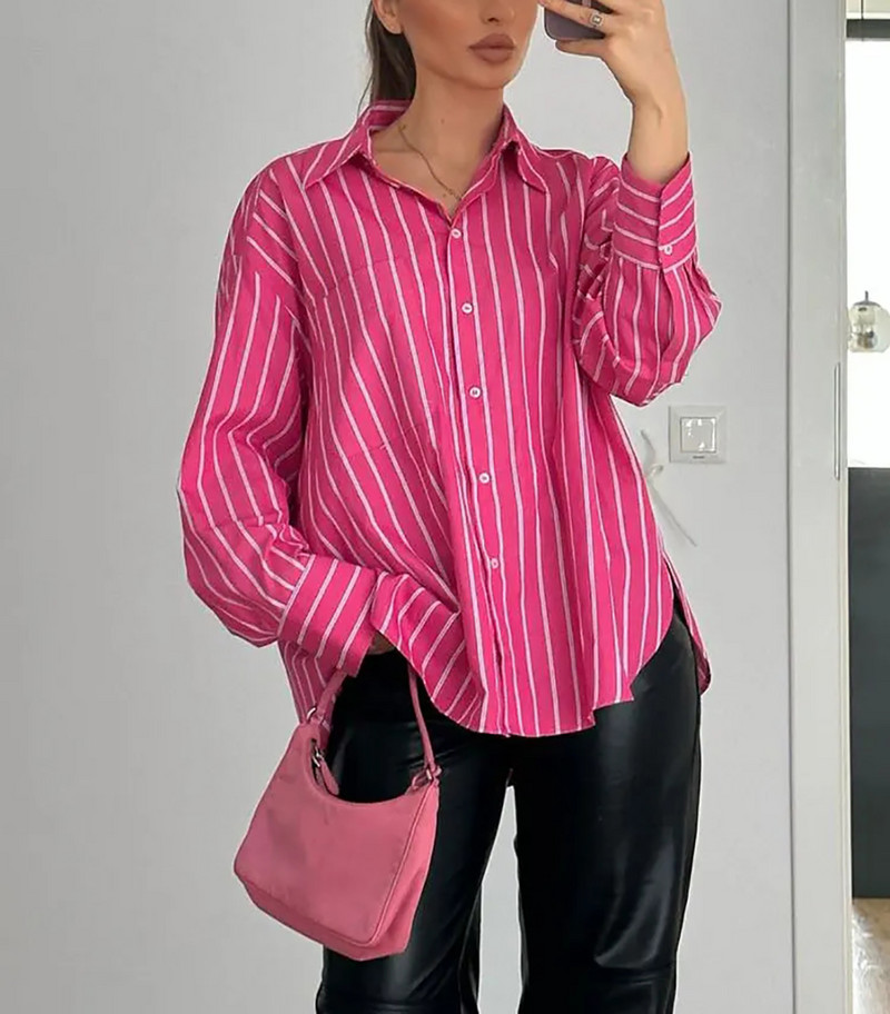 Naiste triibuline avara pikkade varrukatega särk, pealisriided, elegantsed pluusid, 2024. aasta nooruslikud