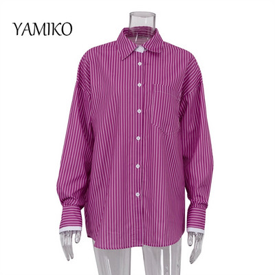 YAMIKO Bluze s printom ružičastih pruga Košulje za žene Moda 2024 Ležerne košulje dugih rukava na rever Elegantna klasična ženska majica