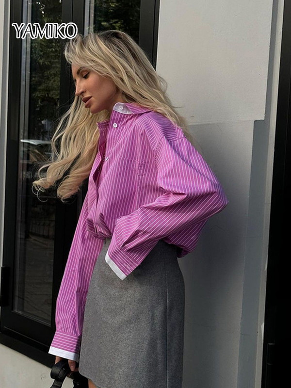 YAMIKO Bluze s printom ružičastih pruga Košulje za žene Moda 2024 Ležerne košulje dugih rukava na rever Elegantna klasična ženska majica