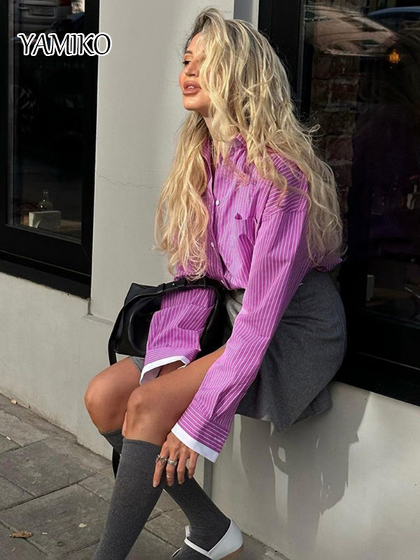 YAMIKO Bluze s printom ružičastih pruga Košulje za žene Moda 2024 Ležerne košulje dugih rukava na rever Elegantna klasična ženska majica