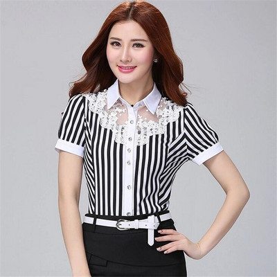 Võrgust sifonki särgid Naiste triibulised topid reväärid õhukesed naiselikud nööbid Professionaalsed rõivad Suvine temperament Offce Lady Pluusid Me