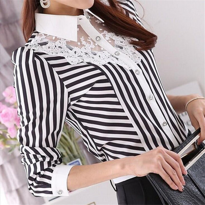 Võrgust sifonki särgid Naiste triibulised topid reväärid õhukesed naiselikud nööbid Professionaalsed rõivad Suvine temperament Offce Lady Pluusid Me