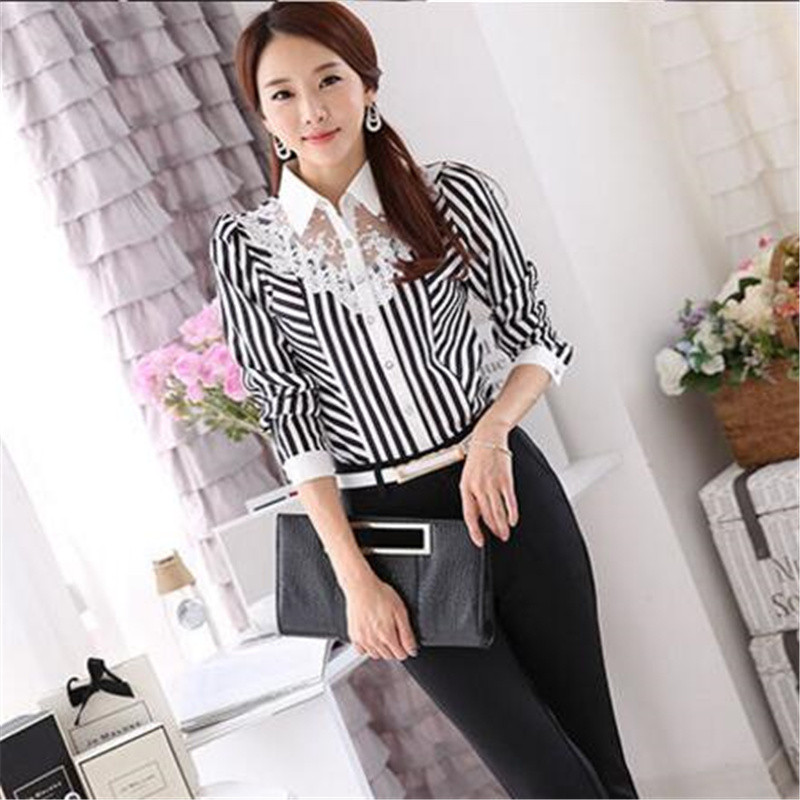 Võrgust sifonki särgid Naiste triibulised topid reväärid õhukesed naiselikud nööbid Professionaalsed rõivad Suvine temperament Offce Lady Pluusid Me