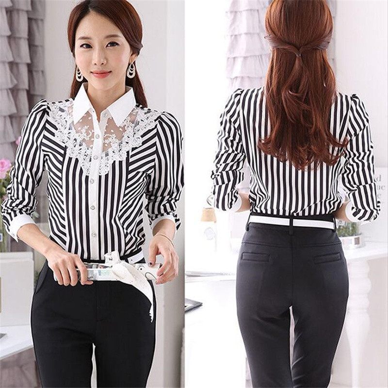 Võrgust sifonki särgid Naiste triibulised topid reväärid õhukesed naiselikud nööbid Professionaalsed rõivad Suvine temperament Offce Lady Pluusid Me