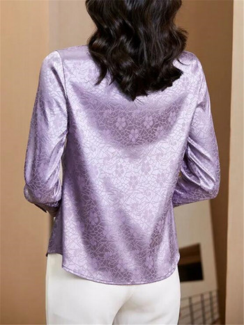 Копринени ризи Сатенена дамска риза Жакардови блузи с дълъг ръкав за жени Есенна блуза Основни дамски ризи с копчета Модна блуза