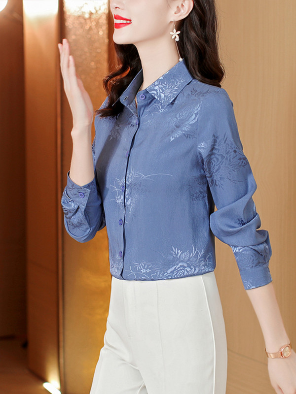 Ženske košulje, polo izrez, svileni print, starinska majica s cvjetnim uzorkom, satenska bluza s dugim rukavima, ženska majica, osnovna, OL košulja