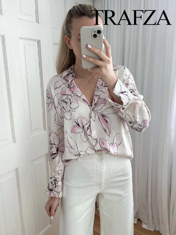 TRAFZA Vintage uus moekaunistus avara revääriga vabaaja pluus Naiste särgid šikid naiste topid Lillemustriga pikkade varrukatega nööpidega