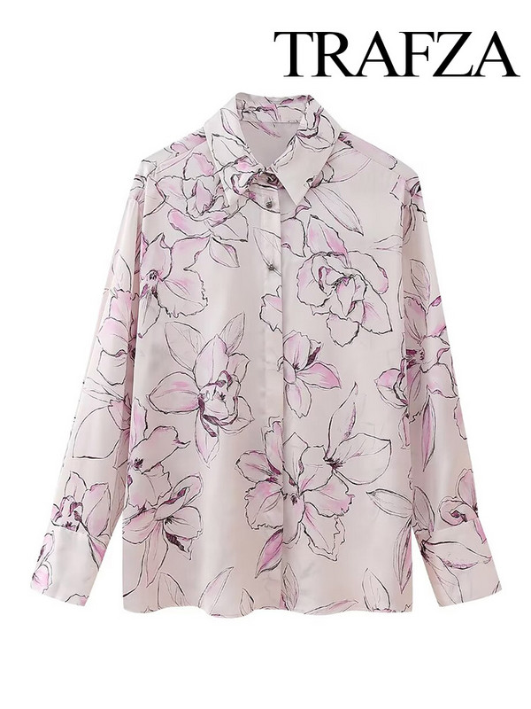 TRAFZA Vintage uus moekaunistus avara revääriga vabaaja pluus Naiste särgid šikid naiste topid Lillemustriga pikkade varrukatega nööpidega